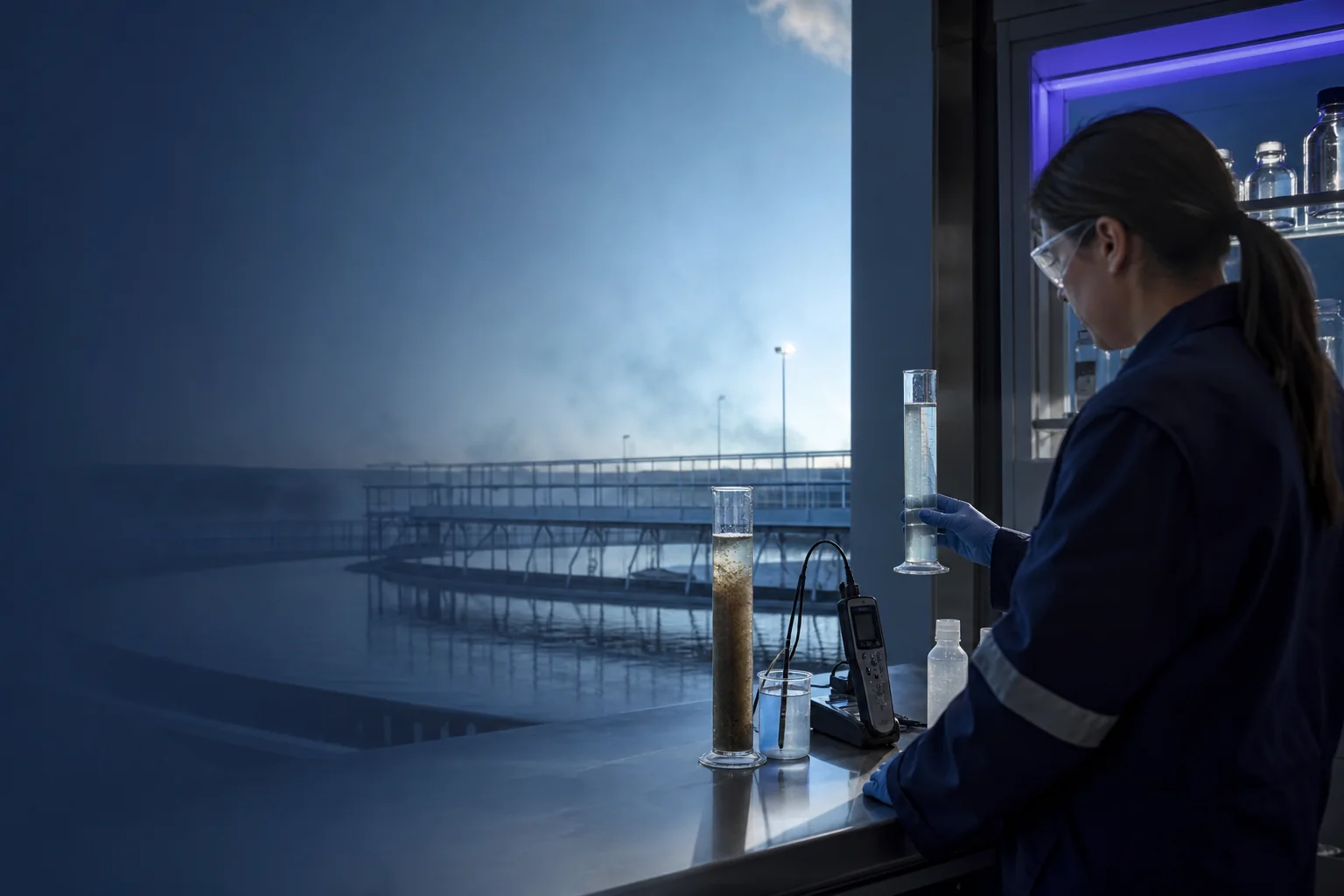 Technician evaluating nonionic PAM floc and clear supernatant beside a process-water basin